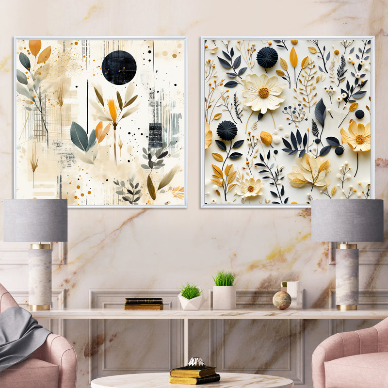 Alapaha - Ensemble de 2 collages carrés botaniques abstraits, Cadre flottant blanc, H 30 po x l 61 po