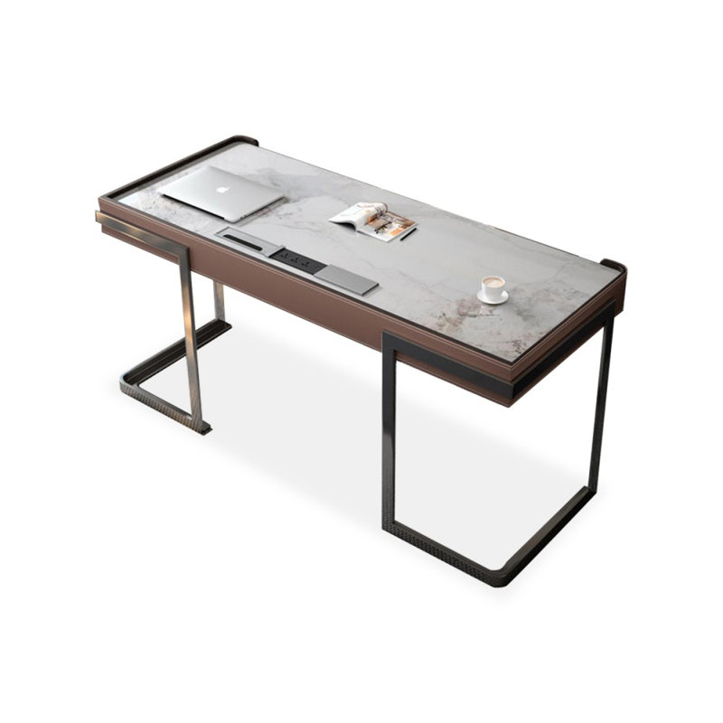 62.99" White+Silver Rectangular Stone+Solid Wood+Stainless Steel with 3 drawers desk, H 29,53 po x l 62,99 po x P 23,62 po