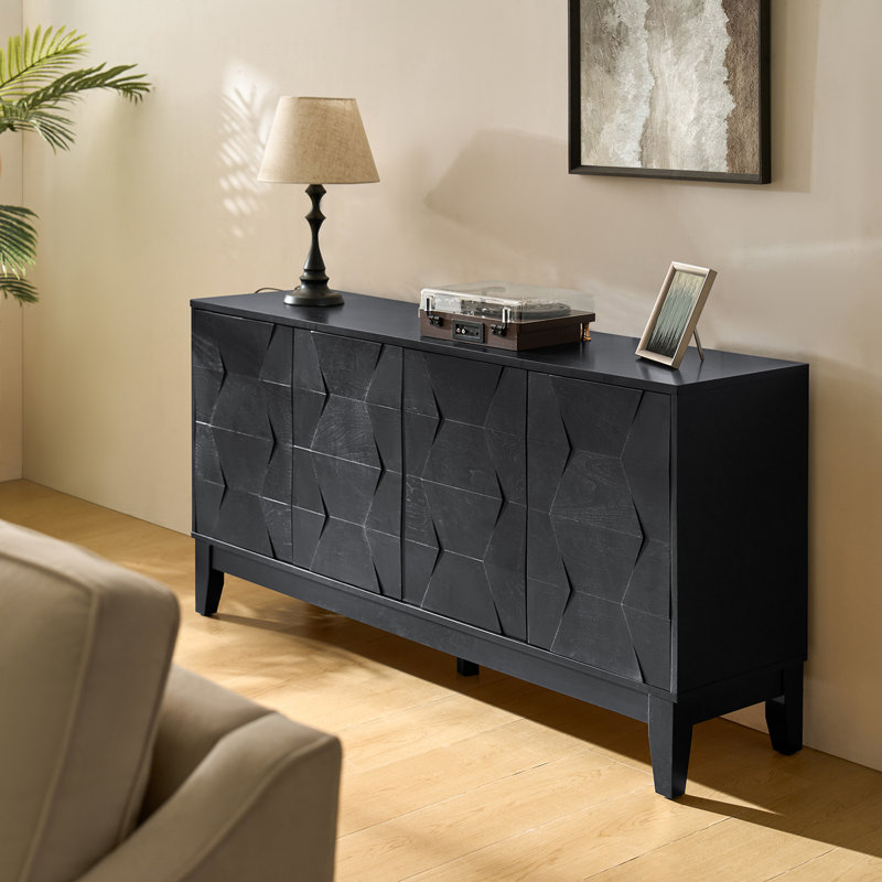 Iasiah Modern 60"W 4-Door Solid Wood Sideboard with Adjustable Shelves, Black