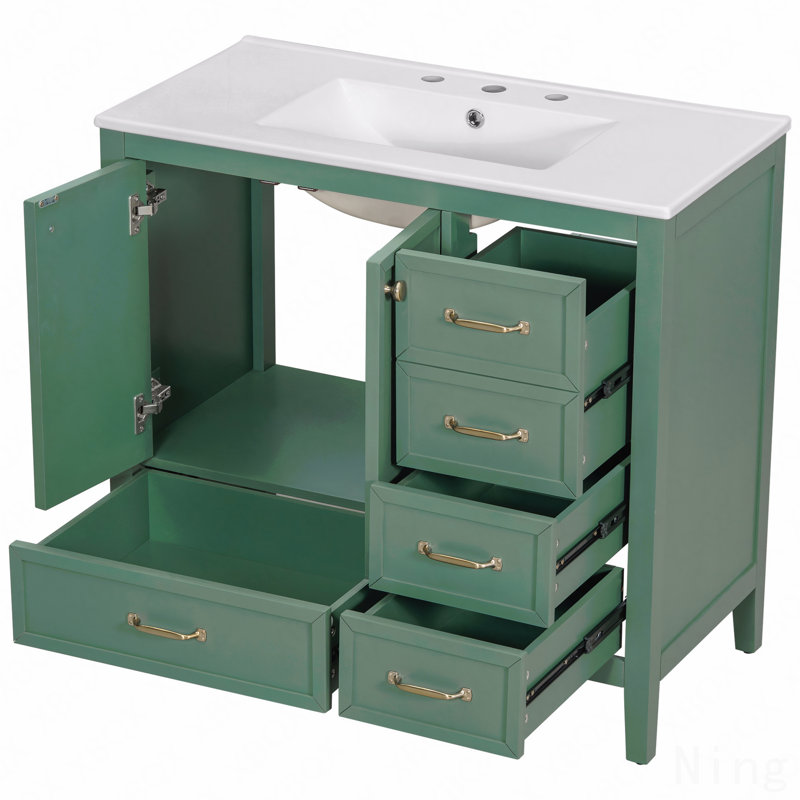 36" Retro Green Multi-Storage Solid Wood Bathroom Vanity with Ceramic Sink
