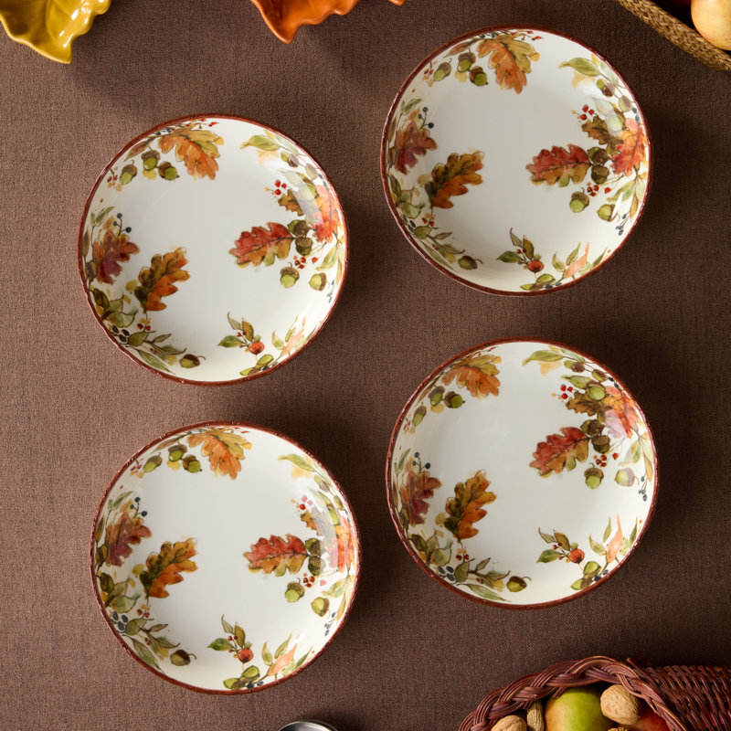 Ensemble de 4 bols à soupe Autumn Meadows - De larges bols en grès accueillants de 34 onces peints avec des plantes de récolte, conçus pour contenir chaque soupe, ragoût et piment de la saison.