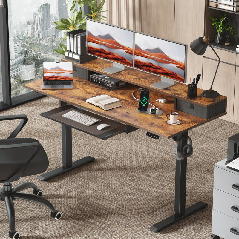 Bureau debout électrique 55 po avec 2 tiroirs et plateau à clavier, bureau à hauteur réglable pour le bureau personnel 