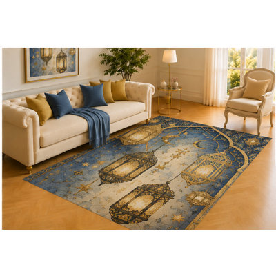 Tapis de lanterne marocain de 5 pi x 7 pi «Ultra Léger», lumières suspendues ornées d'étoiles, croissant de lune et arches bleues, décoration de plancher enchanteresse pour chambre à coucher ou salon