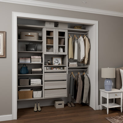 Grey Oak 94.5" Wall-Mounted Single Wall Closet System with 3 Sections, Glass Doors, 2 Clothing Rods, 10 Shelves & 4 Reveal Drawers