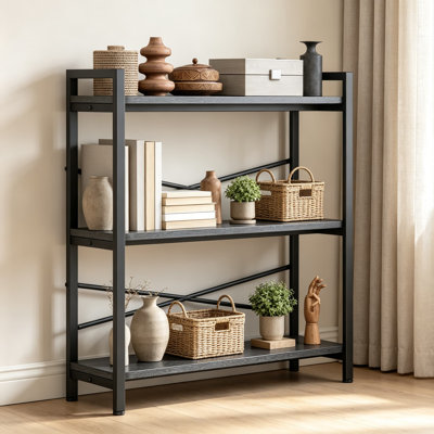 Bibliothèque à 3 niveaux, style industriel, en bois et métal, idéale pour le rangement et l'organisation de la maison, du salon, de la chambre ou du bureau.