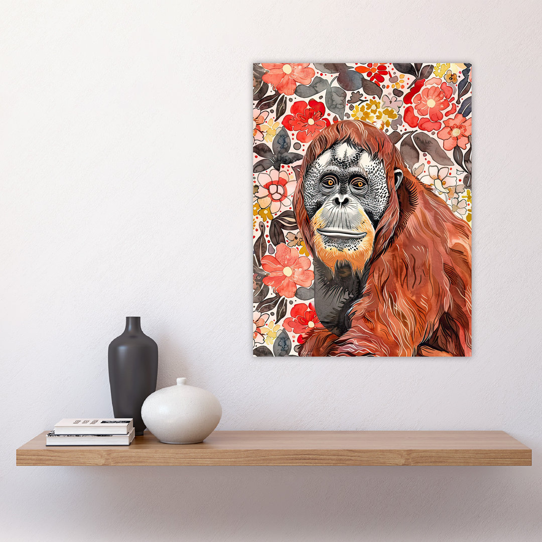 Orangutan with Blooming Flowers Watercolour Wall Art Print