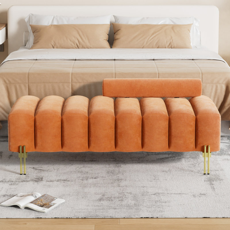  Banc de lit 52 po en velours capitonné avec pieds en métal doré, Orange