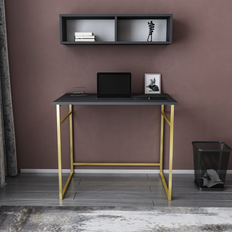 Hussum 90cm W Rectangular Computer Desk, Anthracite/Gold