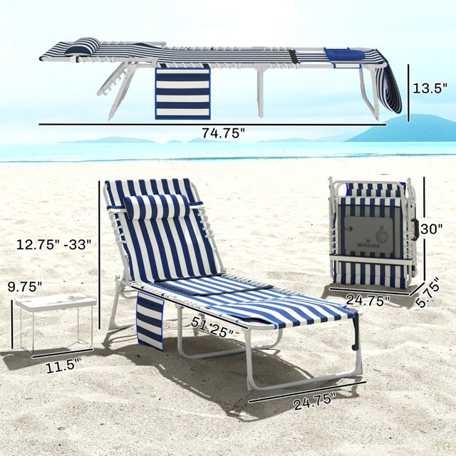 Chaise longue pliante, fauteuil de bronzage extérieur avec trou pour le visage et table d'appoint, Blue/White