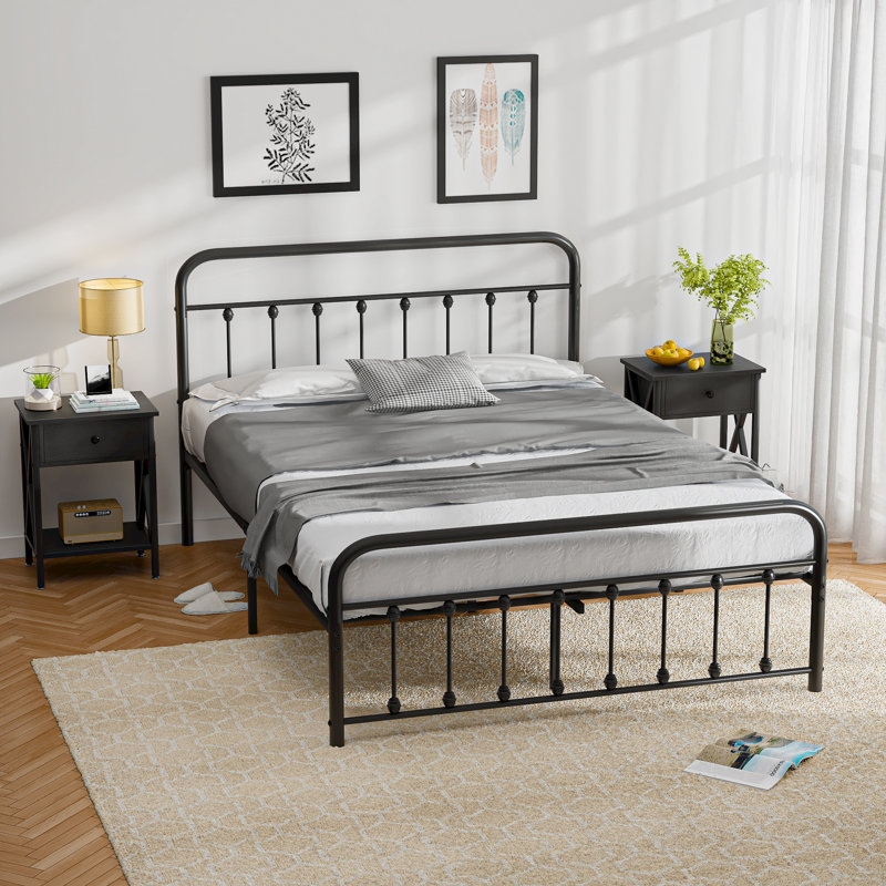 3 Piece Bedroom Set, Metal Bed Frame With Headboard And Nightstand Set Of 2, Classic Farmhouse Bedroom Furniture Set Of 3, No Box Spring Needed, Easy Assembly