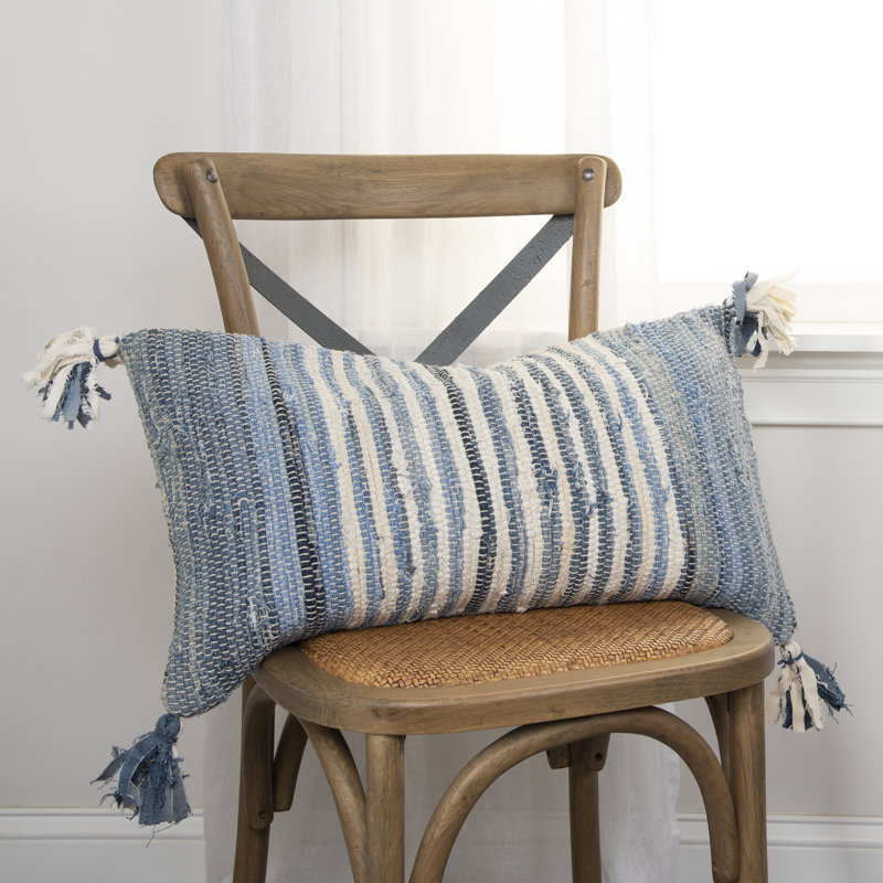 Blue and Ivory Striped Recycled Denim Lumbar Pillow with Tassels
