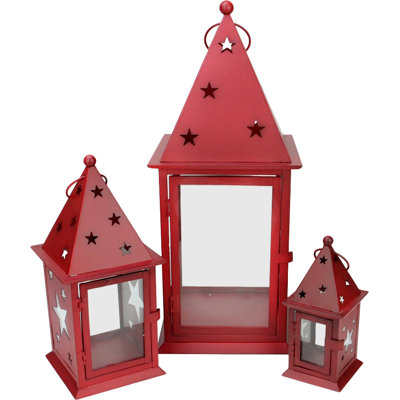 3 Piece Patriotic Red Glass Pillar Candle Lanterns with Star Cutouts 7.75" - Set