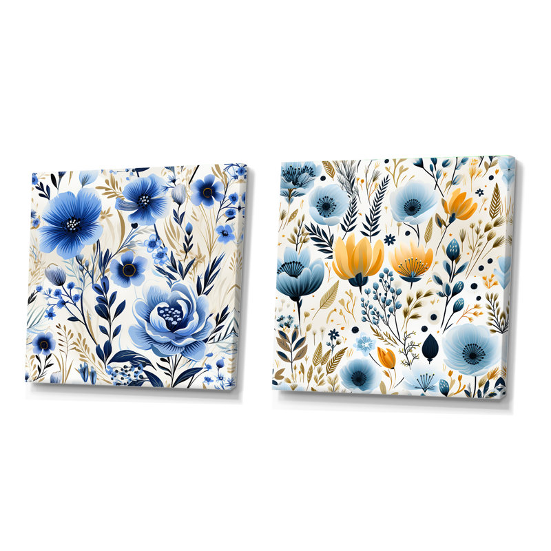 Blue Boho Chic Floral Motif II - ensemble de collage abstrait botanique carré de 2, H 16 po x l 33 po, Toile tendue