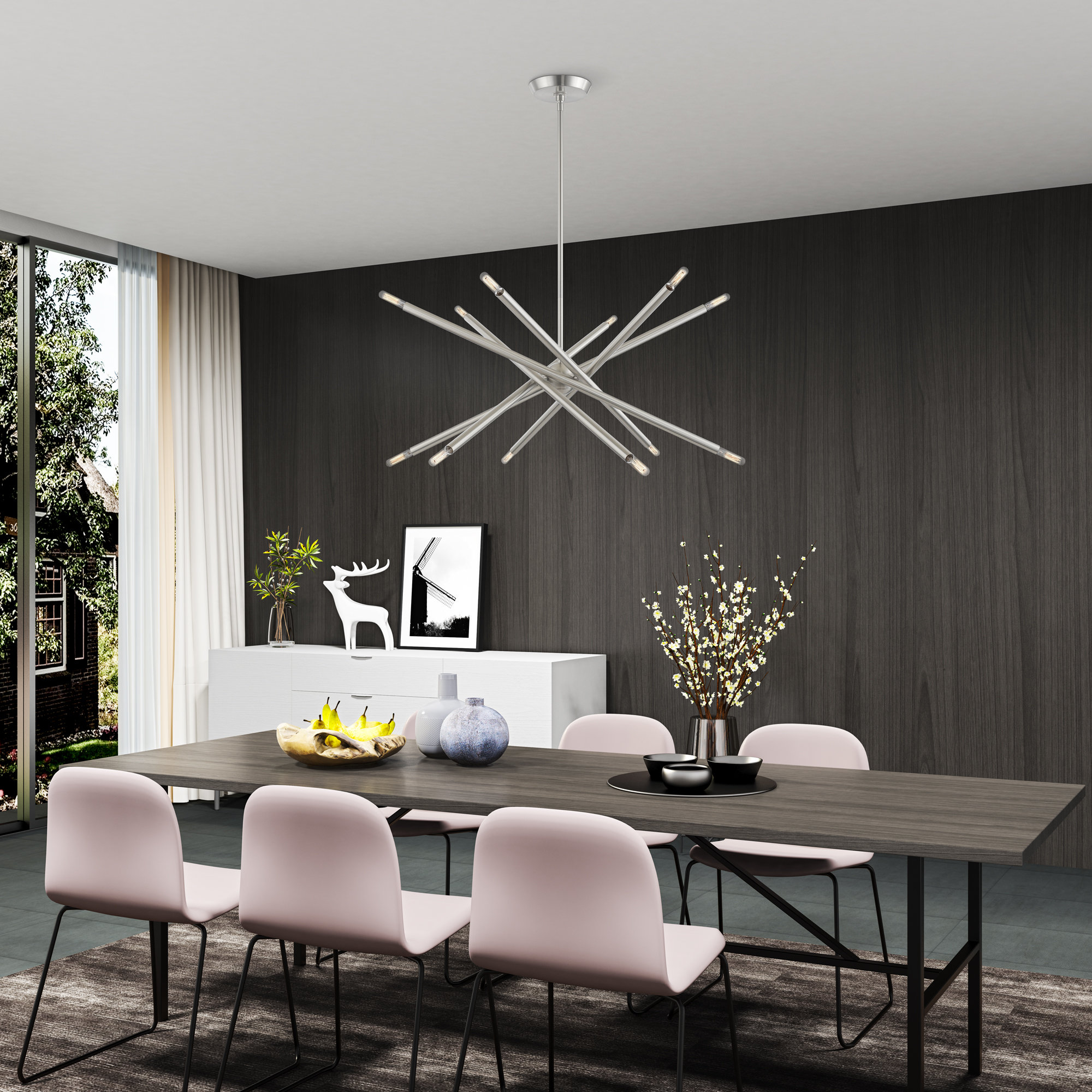 Poco 12 - Light Metal Dimmable Sputnik Chandelier, Brushed Nickel, 12