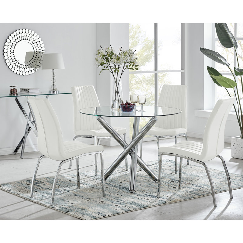 Seline Modern Round Dining Table Set in Glass and Chrome with 4 Soft Touch Faux Leather Chairs, White