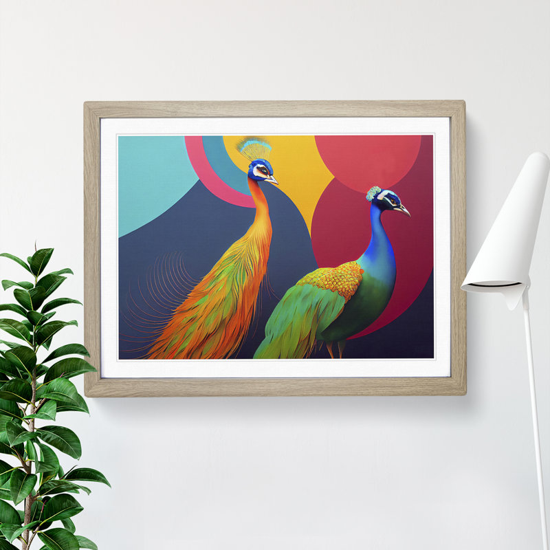 Two Peacocks Abstract - Framed Print, 34cm H x 46cm W x 2cm D, Oak