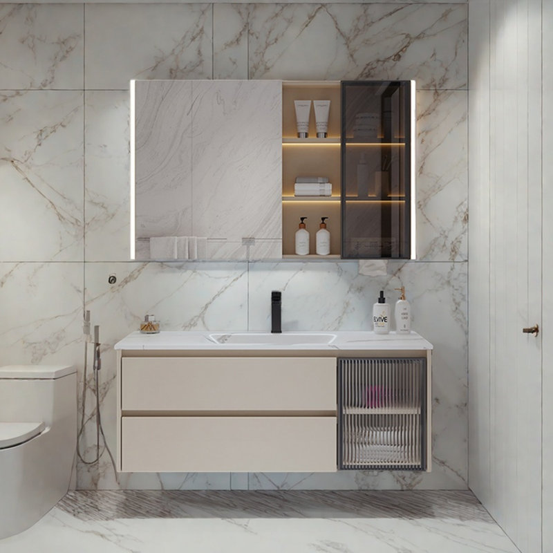 Simple light luxury cream style bathroom cabinet