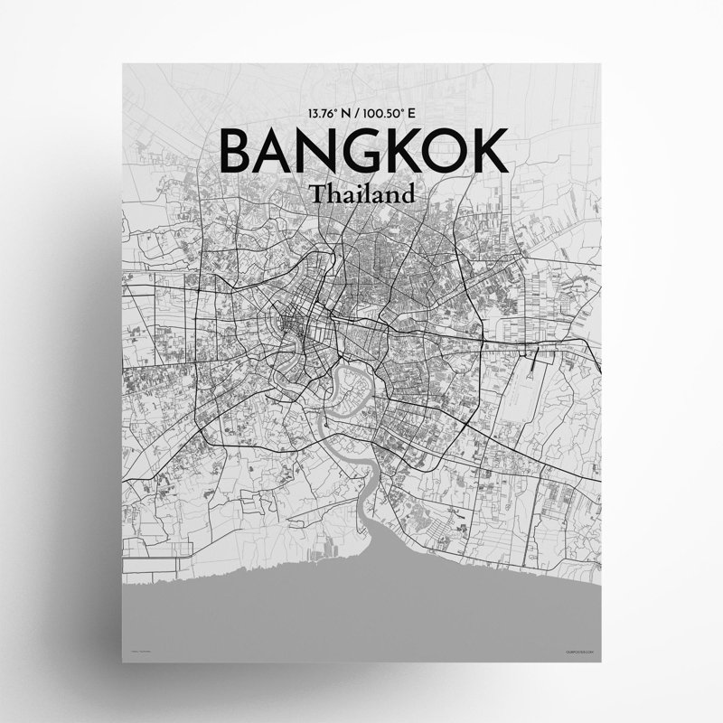 Bangkok City Map In Tones - No Frame Print, 20cm H x 16cm W x 0.05cm D