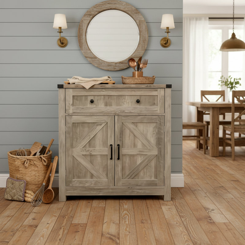 This Light Gray, Washed-Out Sideboard Features A Simple Farmhouse Barn Door Design, Drawers For Storage, And Functions As A Coffee Bar, Making It Suitable For Both Kitchens And Living Rooms.