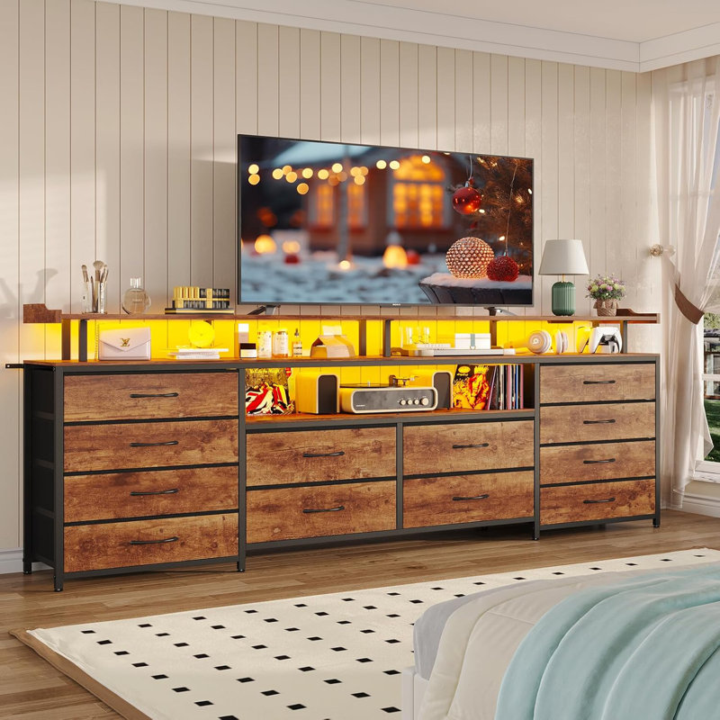 tv dresser for bedroom 11-Drawer Stand with Power Outlets and LED Lights, 63