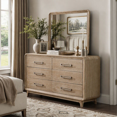 Commode à 6 tiroirs avec miroir et design moderne, fini naturel, meuble de rangement élégant pour chambre à coucher
