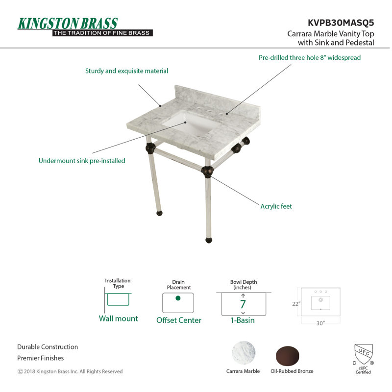 Kingston Brass Templeton 30-Inch Vanity Top with Clear Acrylic Legs (8-Inch, 3-Hole), Carrara Marble/Oil Rubbed Bronze