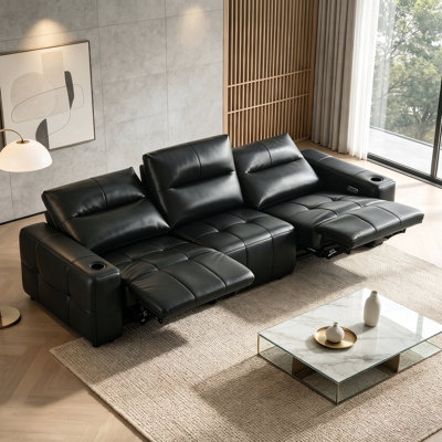 Genuine Leather Power Reclining Sofa With Cup Holders, 3-Seater Modular Couch with USB Charging Ports, Black