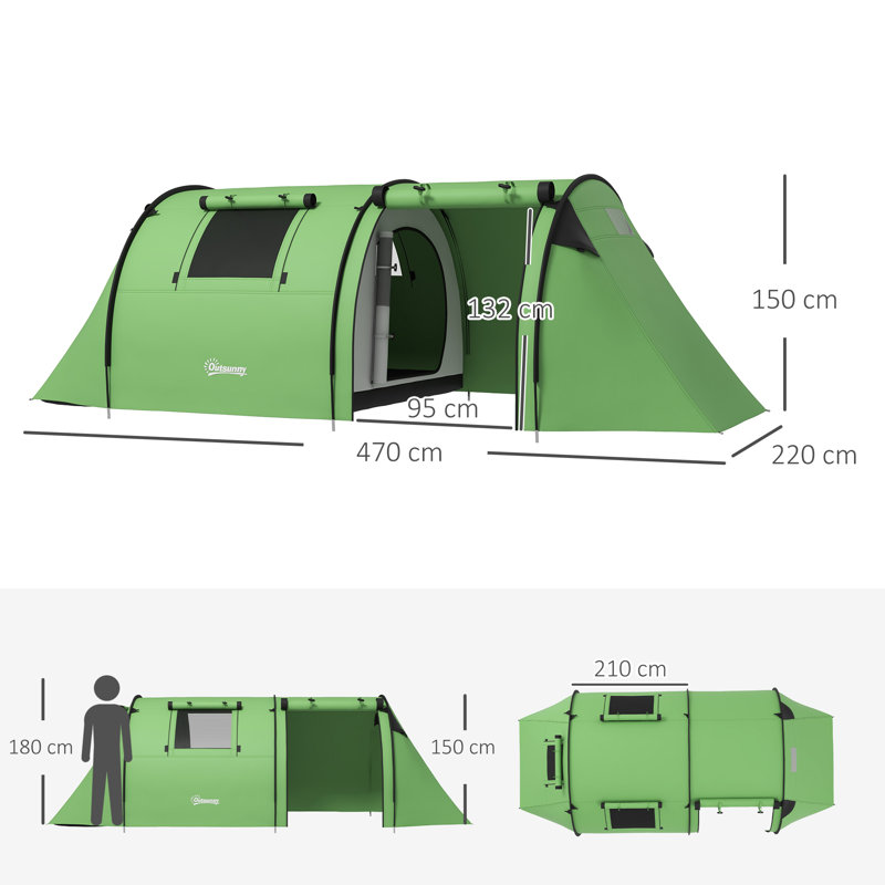 Outsunny 3-4 Man Camping Tent Tunnel Tent 3000mm Waterproof Dark Green