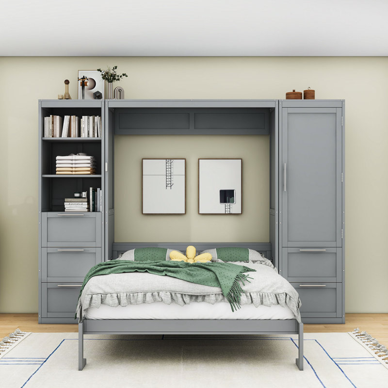 Grand lit escamotable avec rangement intégré et configuration personnalisable, gris