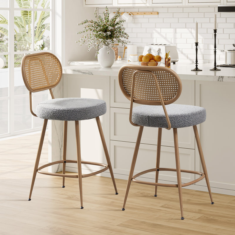 26" Mid-Century Modern Counter Height Barstools with Rattan Backrest, Gray