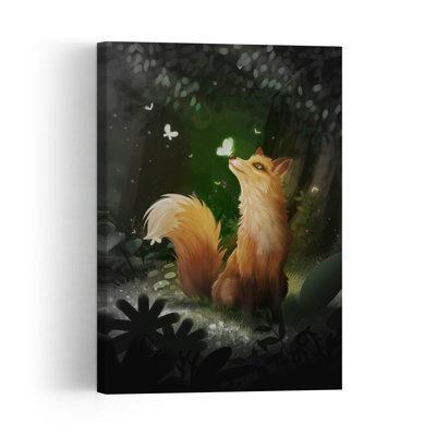 Fox And Butterfly Magic Abstract Contemporary Butterfly Fox Forest Landscape Wall Art Print