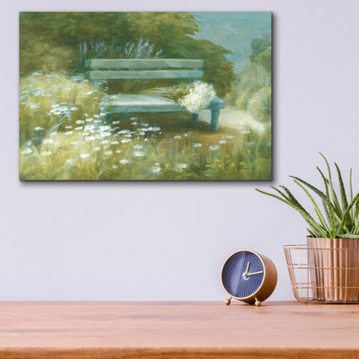 «Banc de jardin avec bouquet de marguerites» par Danhui Nai, art mural en verre acrylique