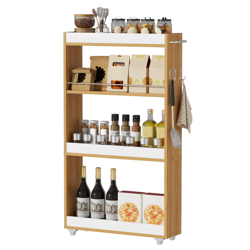 Slim Kitchen Trolley with Wheels,Kitchen Storage Trolley Cart,4-Tier Open Shelves Rolling Utility Cart w/Handle&3 Hooks,Narrow Shelving Unit for Bathroom Laundry Living Room Home Office (White&Wood)