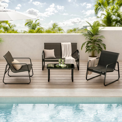 Ensemble de conversation de patio 4 pièces avec 1 causeuse, 2 chaises, 1 table en verre pour balcon, bord de piscine ou jardin