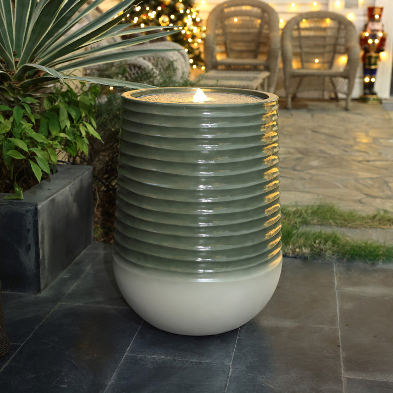 Ribbed Outdoor Water Fountain with LED Lights, Polyresin Gradient Bowl Fountain with Adjustable Flow