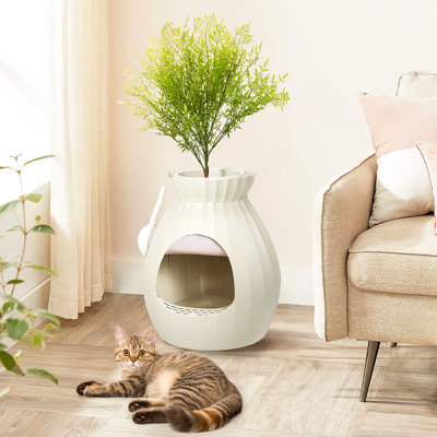 Cat Litter Box Enclosure with Artificial Plants, Hidden Litter Box with Plasma Sterilization System, Secret Litter Box
