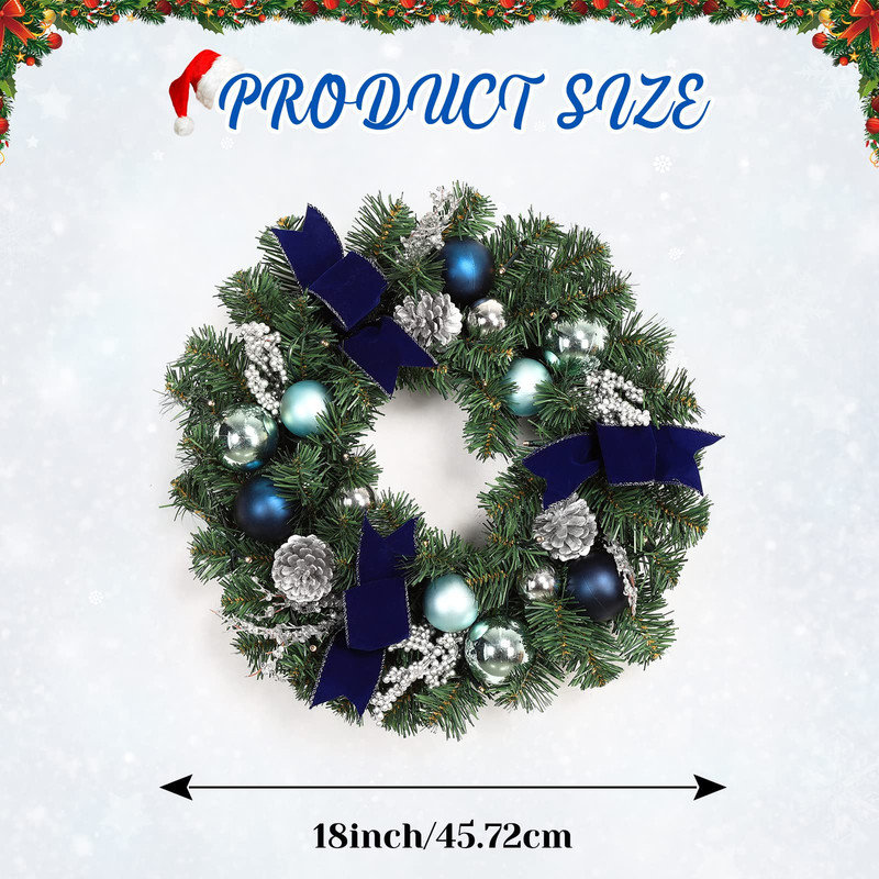 Couronne de Noël pré-illuminée de 45 cm avec 15 lumières DEL – Décor de porte d'hiver bleu et argent