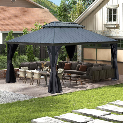 Pavillon de jardin rigide de 12 pi x 14 pi avec toit en résine, pavillon de jardin extérieur en métal avec gouttières de drainage, pavillon permanent pour patio, cour et terrasse, rideaux et moustiquaire inclus