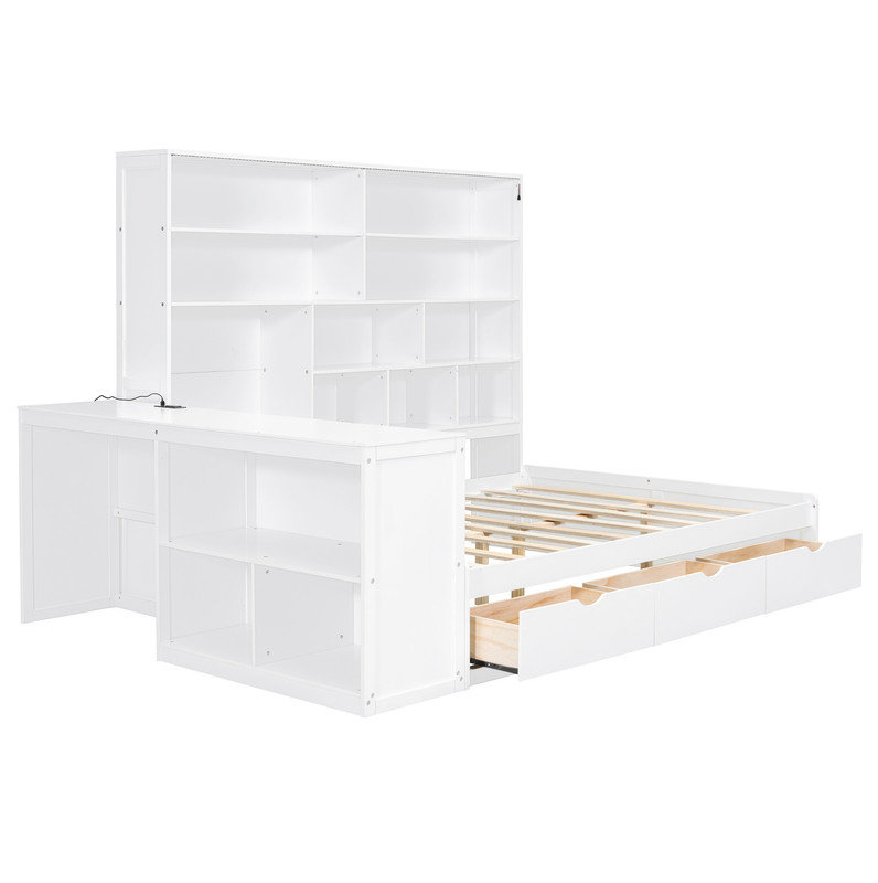 Full Size Wooden Daybed With Three Drawers, Desk, Shelves and Lights, White, White