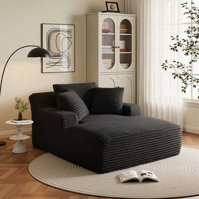Chaise longue rembourrée 67 po en velours côtelé avec assise profonde, coussins et accoudoirs 67 po, sans assemblage requis, noir