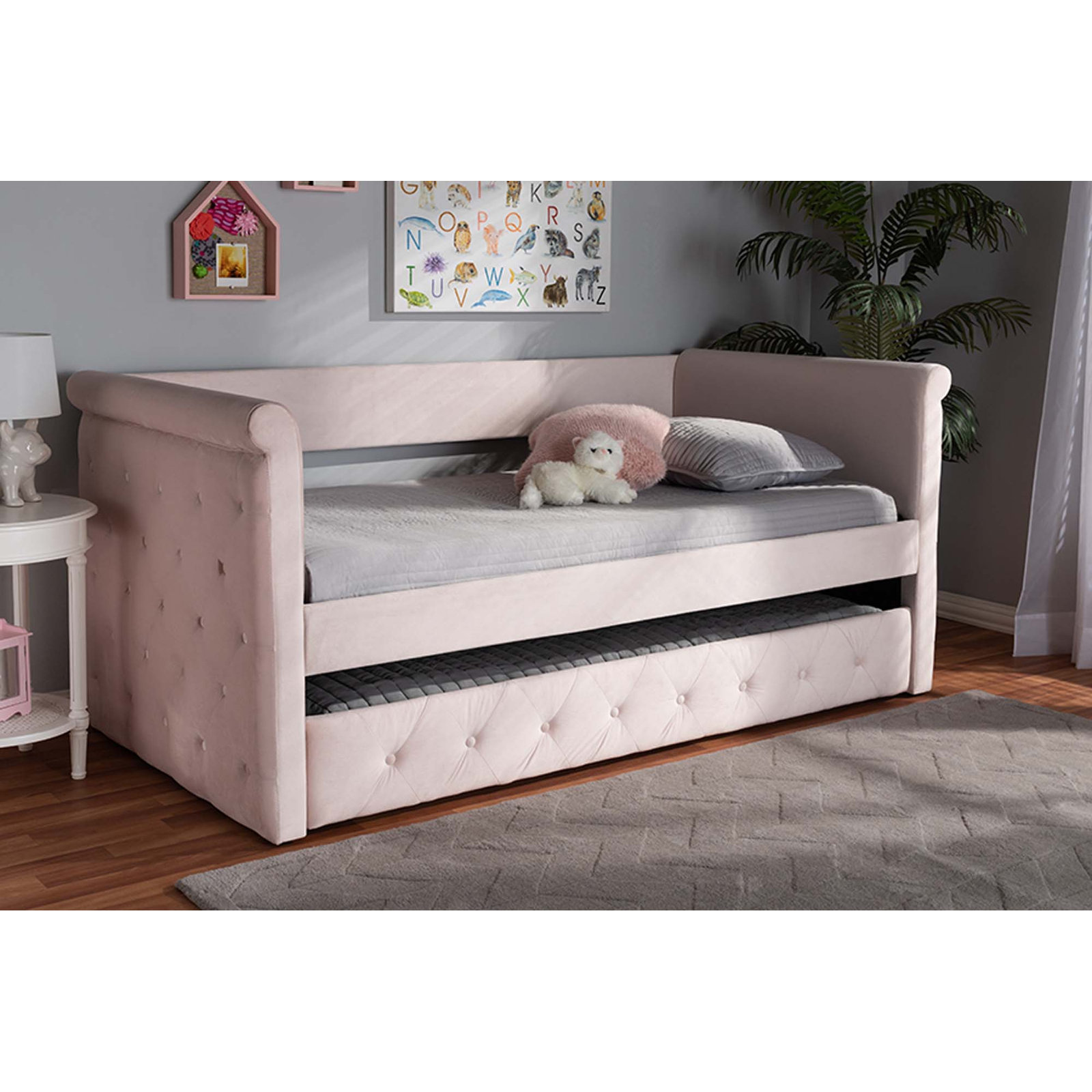 Samitha Upholstered Daybed with Trundle, Full, Light Pink Velvet