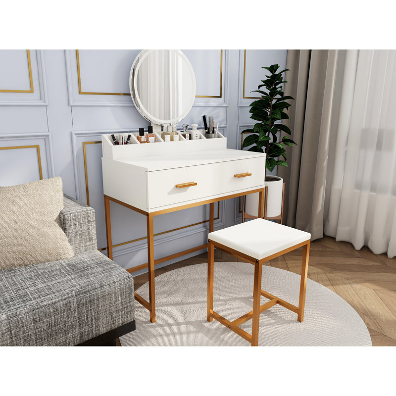 Meuble-lavabo avec miroir, tabouret et tiroir de rangement, esthétique or blanc antique, moderne pour petits espaces, construction, 31,32 po de profondeur, rangement de 56,85 lb, or, meuble-lavabo simple, table,