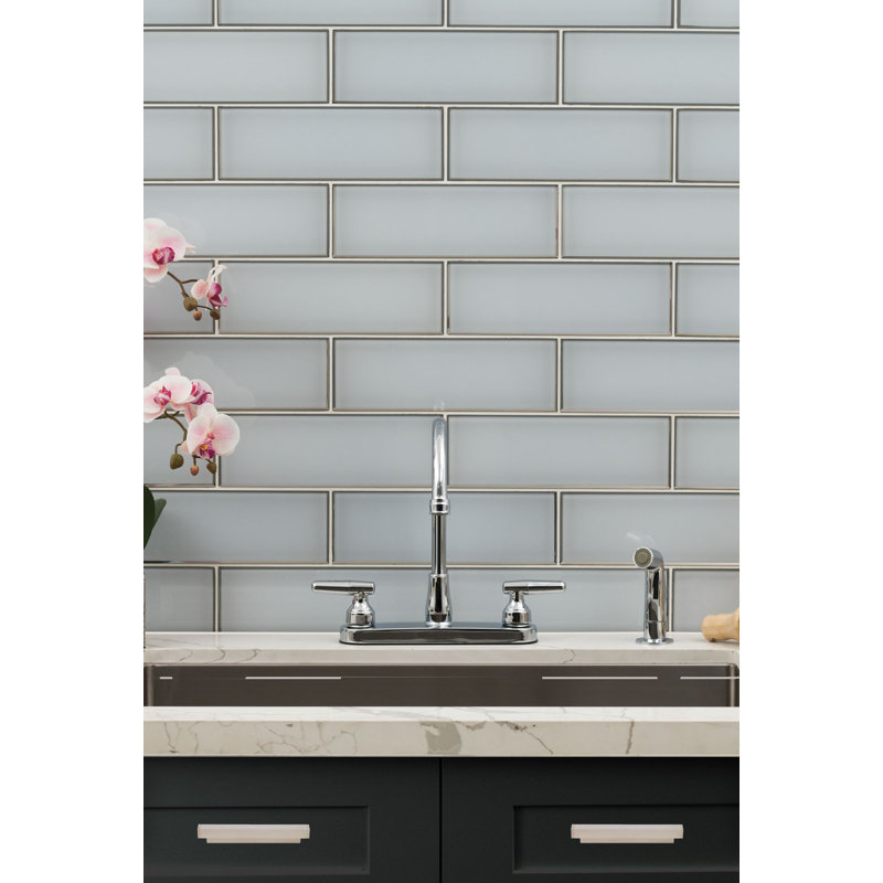 Rivella Subway 4 in. x 12 in. Glossy Glass Wall Tile, Sage Edge