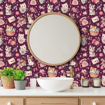 Papier de contact pour papier peint auto-adhésif Adorables et jolies fleurs de chats de la Saint-Valentin sans couture pour impression sur textile Autocollant et amovible 17,7 po x 118 po (45 x 300 cm)