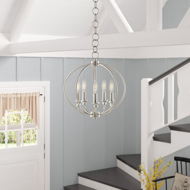 Lustre en forme de globe à 5 lumières de style bougie Remer, Nickel brossé