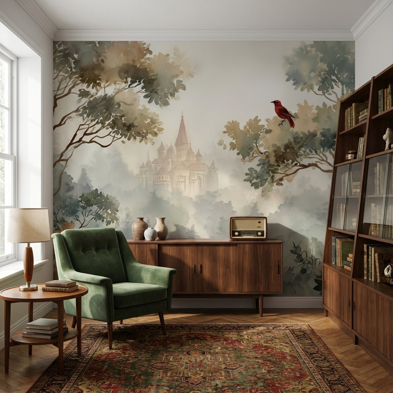 Papier peint château, paysage d'oiseaux brumeux, 100 po x 96 po, Peler et coller