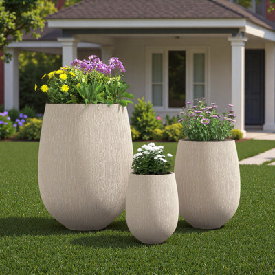 Egg-Shaped Lightweight MGO Outdoor Planter Set Of 3,Modern Stone-Look Textured Flower Pots With Drainage Holes And Rubber Plug