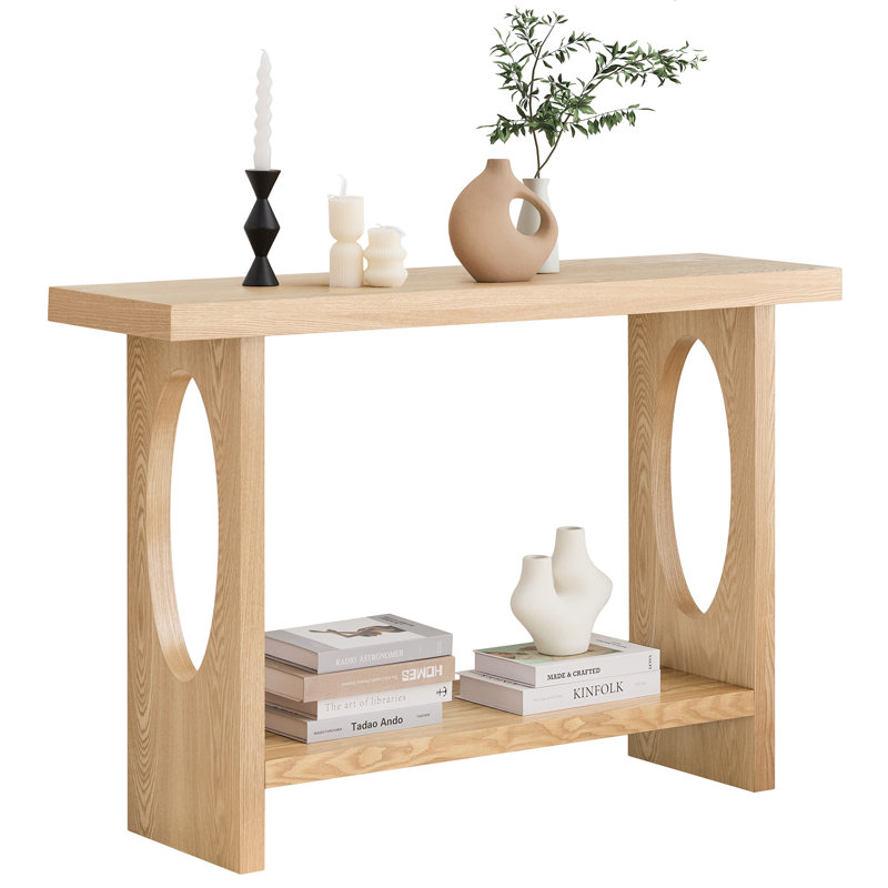 Console rectangulaire en placage de bois massif 47,2 po avec rangement ouvert, Bois de chêne