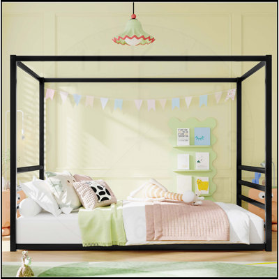 Queen Size Sunshade Floor Bed with Iron Frame, Modern Low-Profile Design, and Fence-Style Guardrails, Black Series