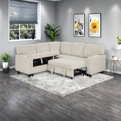 L-Shaped Sectional Sofa Bed With Pull-Out Bed & Storage, 5-Seat Sleeper Couch With USB Charging, Convertible Design For Living Room, Apartment, Corduroy Fabric